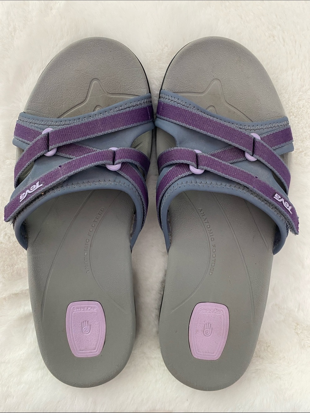 Teva W Tirra Slide Women's Gray and Purple Strap Slide Sandals. Size 8. Like New